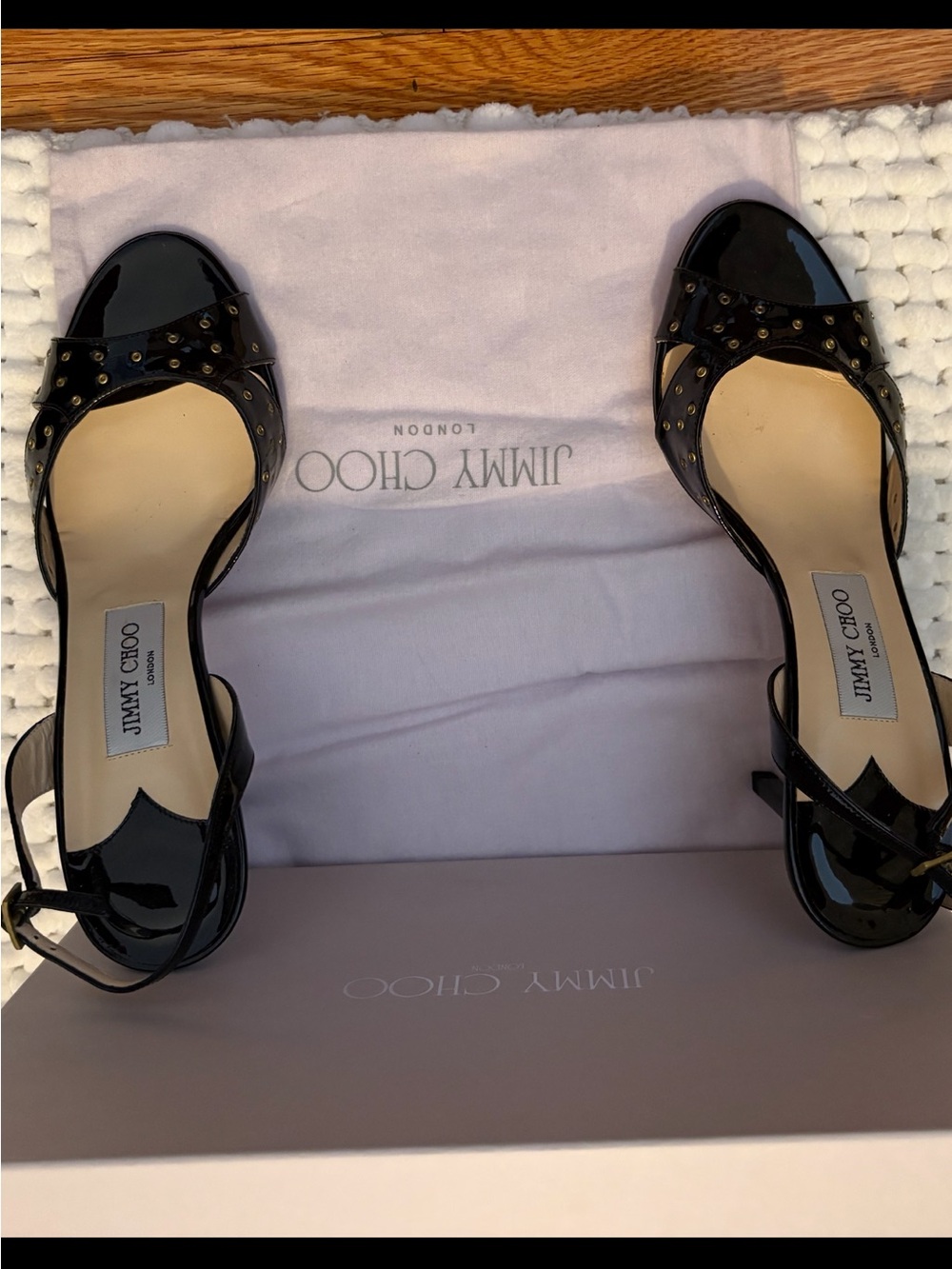 Jimmy Choo Black Patent Leather Studded Peep-Toe 4” Heels.